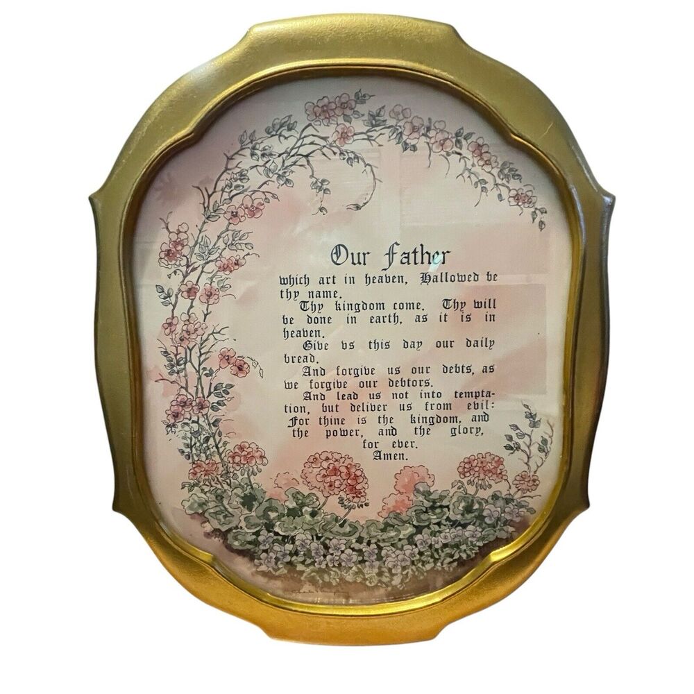 Christian Art The Lord's Prayer Gold Tone Framed Picture Religious Decor Vintage